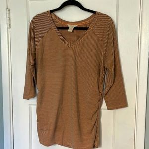 Sundance quarter length sleeve mini stripe top gray/salmon w/ ruched sides